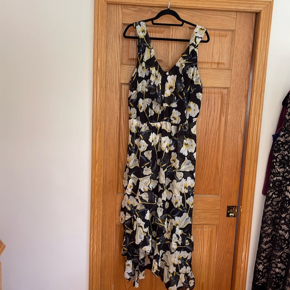 INC International Concepts Black and Cream Floral High Low Dress